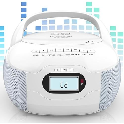 Greadio Boombox CD Player, Portable FM Radio CD Player with Bluetooth 5.1, LCD Display, AC Cord/Dry Battery Operation, TF/USB/AUX Port, Headphone Jack, CD-R/CD-RW Compatible for Home,Senior,Kids