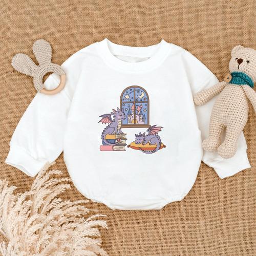 Fantasy Dragon Book Baby Sweater Romper, Cozy Castle Night Window, Magical Purple Baby Dragons, Birthday Baby Outfit Gift