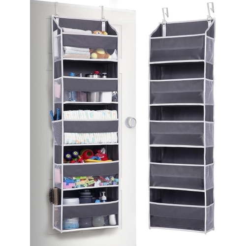 Over the Door Organizer with 5 Large Pockets & 10 Side Mesh Pockets, 5-Tier Hanging Storage Organizer with Clear Windows for Nursery, Baby Essentials, Pantry, Gray