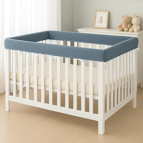 4 in 1 Crib Rail Covers for Teething,Soft Breathable Muslin Cover,Crib Rail Guard, Anti-Collision Strip Corner Cover, Crib Teething Cover, Rail Edge Protector Strip, 4 Pcs (Blue)