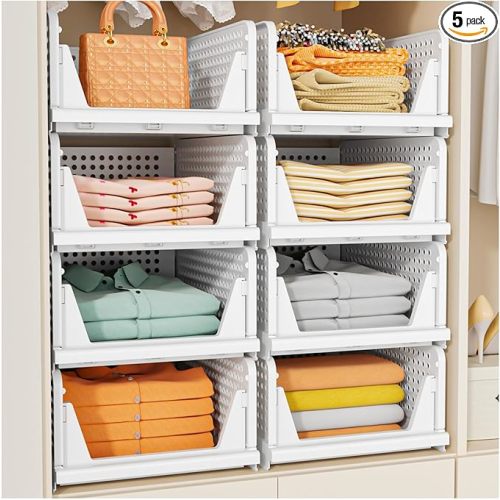 SNSLXH 5 Pack Stackable Closet Storage Basket, Multifunctional & Foldable Closet Organizer for Bathroom Kitchen Laundry Room Wardrobe Storage, Space-Saving Clothes Storage Drawer Organizer, White