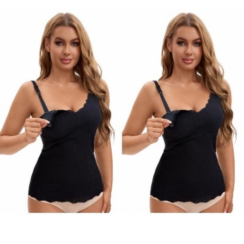 INSPIRE CHIC Women's Lace Nursing Tanks with Adjustable Straps Breastfeeding V Neck Built-In Bra Cami 2 Packs 2 Black Medium