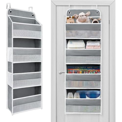 Over The Door Organizer with LifetimeWarranty, 4 Shelves & 4 Side Pockets, Large Storage Rack Holds 44lb, Heavy-Duty Reinforced Mesh Shelf for Bathroom, Closet, Toy Organization, Shoes, Towels, Grey