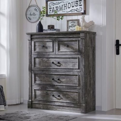 SinCiDo 5 Drawers Dresser for Bedroom, Farmhouse 46" Tall Dressers w/Roman Column, Light Gray