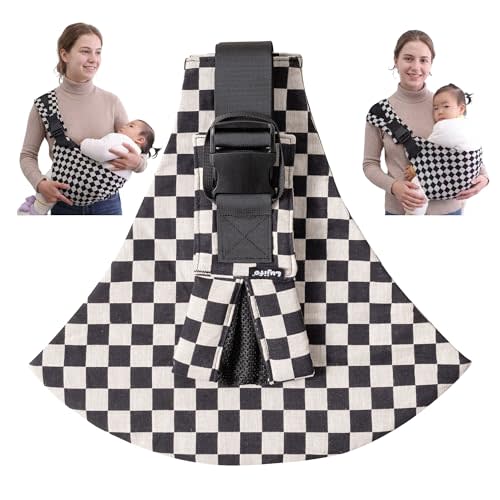Baby Sling Carrier, Premium Cotton Blend Baby Carrier for Toddlers, Adjustable & Breathable Toddler Carrier with Ventilated Straps, Lightweight & Travel-Friendly Design (Ebony Check)