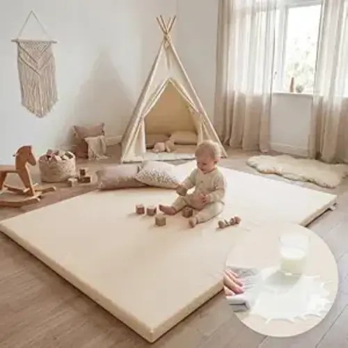 Huloo Sleep Baby Play Mat 65x50 Inches, 1.3" Thick Padded Waterproof Floor Cushion & Playpen Mat with Vegan Leather, Non-Slip & Non-Toxic Nursery Rug for Infants, Toddlers & Kids(Beige)