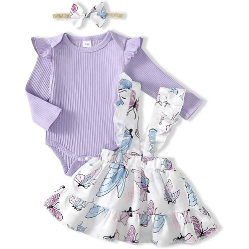 Kucnuzki Newborn Baby Girl Clothes Toddler Long Sleeve Ruffle Romper Top Infant Skirt Set Little Girl Overall Dress