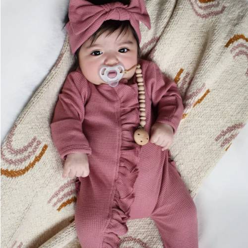 Baby Name Newborn Waffle Knit Ruffled Footie With Bow - Baby Girl Coming Home Outfit - Hospital Outfit for Baby Girls