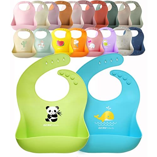 YMCF Products 2-Pack Waterproof Silicone Baby Bib Lightweight Comfortable Easy-Wipe Clean (Green/Blue, Small)