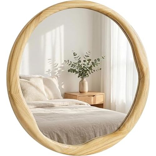 Natural Wood 24 Inch Round Wall Mirror, Asymmetrical Inner Edge