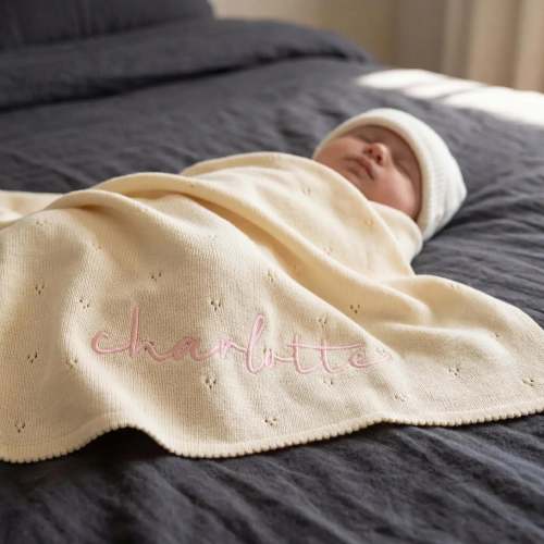 Personalized Knit Baby Blanket: Pointelle Swaddle, Newborn Gift