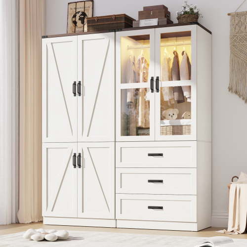6 Door Armoire Wardrobe Closet for Bedroom with LED Lights & 3 Drawers, Farmhouse Closet Storage Cabinet Wardrobe Set with Hanging Rods