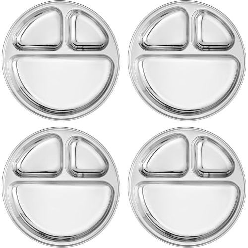 Ahimsa Stainless Steel Kids Divided Plates, Classic Silver, 4 Plates