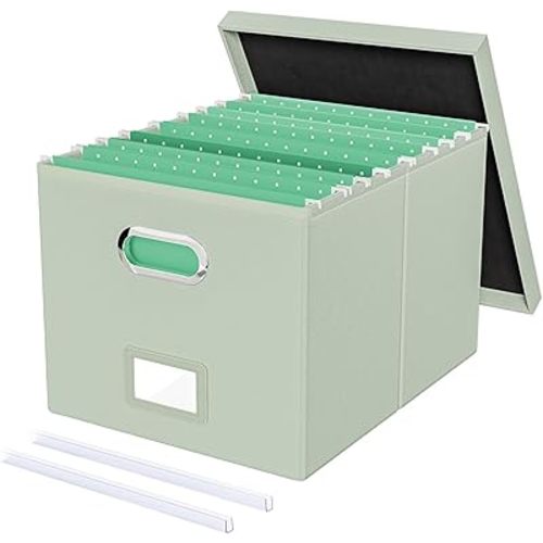 Oterri File Organizer Box,Filing Box with Lid,File Box for Letter/Legal File Folder Storage, Portable Hanging File Box for Office/Decor/Home,1 Pack, Grey-green(Leather),Box only