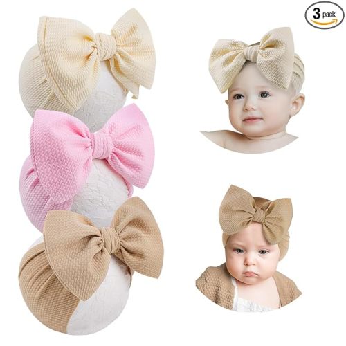 YanJie 3PCS 7'' Big Bows Baby Girls Headbands Soft Stretchy Newborn Bows Infant Baby Hair Bows Toddler Headwrap Hair Accessories Khaki Beige Light Pink