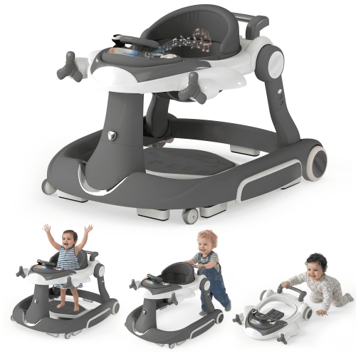 LINLUX 5 in 1 Foldable Baby Walker 3 Heights, Toddler Activity Walker w/Music & Lights, Gray