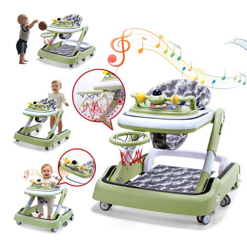 WonderStone 6 in 1 Baby Walker, Foldable Push Walker with Wheels and Mini Basketball Hoop, Music & Light, Baby Bouncer & Activity Center for Boys and Girls 6-12 Months (Green)