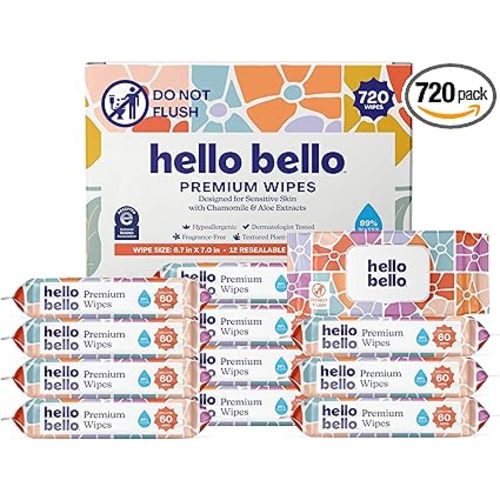 Hello Bello Premium Wipes, Designed for Sensitive Skin with Chamomile & Aloe Extracts, Flower Pop (12 Resealable Packets = 720 Total Wipes)