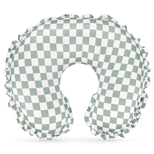 DILIMI Nursing Pillow Cover, Removable Ruffled Pillowcase for Breastfeeding Pillows, Ultra Soft Comfortable Slipcover for Baby Girl and Boy, Green Gingham