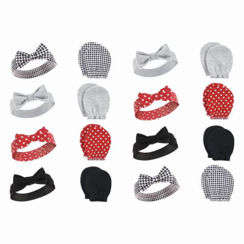 Hudson Baby Infant Girl 16Pc Headband and Scratch Mitten Set, Houndstooth, 0-6 Months