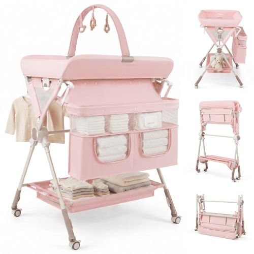 INFANS Portable Baby Changing Table with Wheels, Foldable Diaper Changing Station with Adjustable Heights, Large Organizer Storage for Newborn Infant