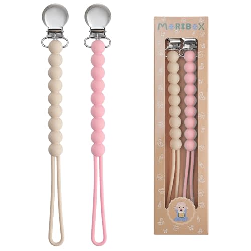 MORIBOX Silicone Pacifier Clip for Baby Girls, Paci Binky Holder 2 Pack | food grade silicone, one piece design, soothe binky holder, teething relief, baby shower, birthday, christmas, baby registry