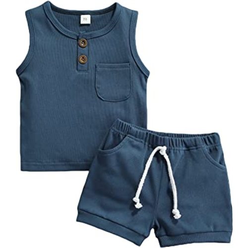 Karesoull Summer Toddler Baby Boy Girl Clothes Set Unisex Waffle Outfits Solid Short Sleeve Pocket Tops Shorts 2PCS