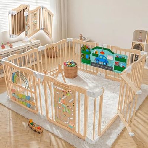 BlueWood Wooden Playpen, Foldable Baby Play Yard, with Door & Toys, 55 * 55