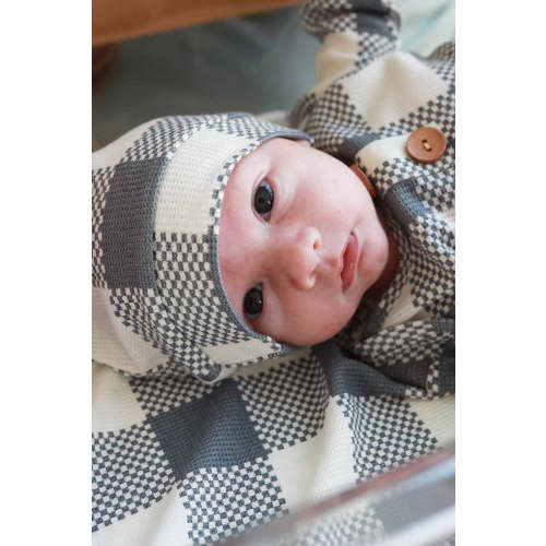 Big Check Bamboo Waffle Newborn Baby Knot Gown & Hat Set | Denim