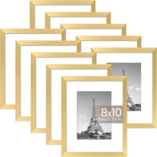upsimples 8x10 Picture Frame Set of 10, Display Pictures 5x7 with Mat or 8x10 Without, Multi Photo Frames Collage for Wall or Tabletop Display, Gold