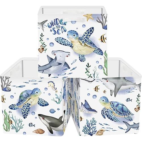 11.8" Marine Animals Cube Storage Organizer Set 3Pcs Ocean Sharks Turtles Cube Storage Bin for Bathroom/Bedroom Kid Book Toy Chest, Seaweed