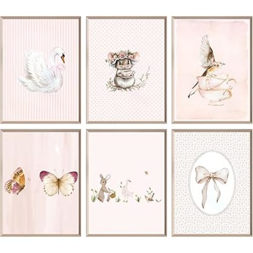 6Pcs vintage Cottagecore Nursery Wall Art Baby Girl Room Pastel Wall Decor Pictures Farmhouse Goose Mouse Butterfly Bird Rabbit Bow Canvas Posters Prints for Bedroom Home Decoration 12*16in Unframed