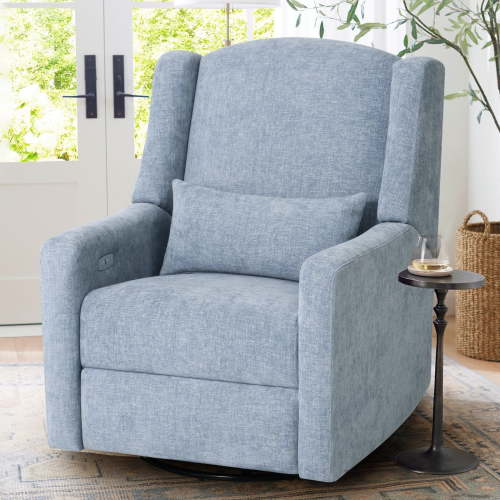 JULY'S SONG Power Swivel Gilder Rocker Recliner Chair for Adults, Skin-Friendly Nursery Rocking Chairs in Living Room with Waist Pillow, USB Charging, Blue