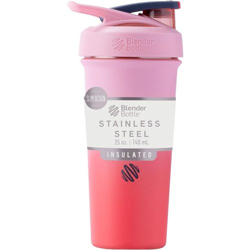 BlenderBottle Sport Sleek Insulated Stainless Steel Shaker Bottle with Wire Whisk, Protein Shakes & Hydration for Athletes & Fitness Enthusiasts, Lockable Lid, 25-Ounce, Flamingo Ombre