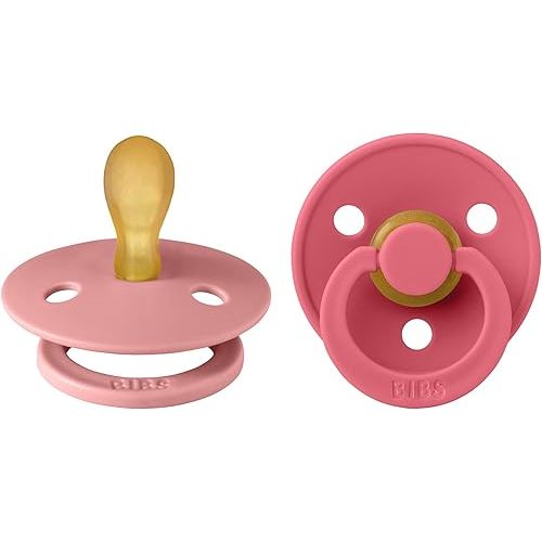 BIBS Pacifiers 0-6 Months | Colour Collection 2-Pack | BPA-Free Symmetrical Natural Rubber Nipple | Made in Denmark | Dusty Pink/Coral Color Pacifier
