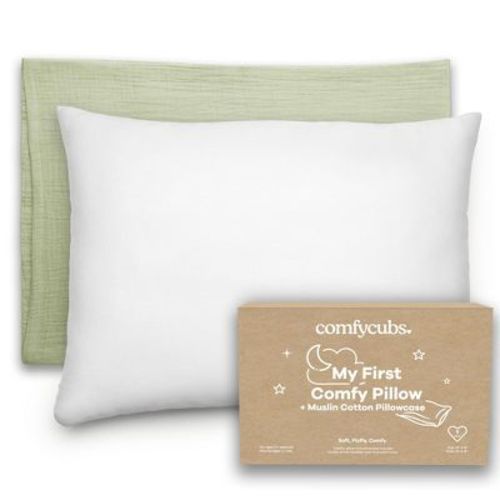Comfy Cubs Toddler Pillow with Muslin Pillowcase 1 Pack - Sage, 13"x18" - Kids Pillow for Sleeping