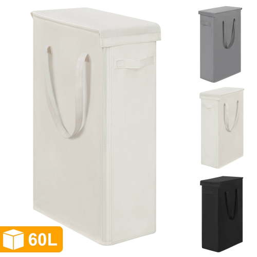 BGTREND Tall & Slim Laundry Hamper with Lid and handles Narrow Laundry Basket Collapsible Dirty Clothes Hamper Portable Laundry Storage Bin Oxford (60L, Beige)