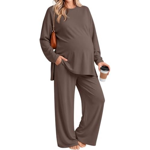 Riyiper Womens Maternity 2 Piece Outfit Lounge Set | Two Piece Outfit, Long Sleeve Sweatshirt, Wide Leg Pants, Pregnancy Matching Set, Soft, Cozy, Loose Fit, Comfortable