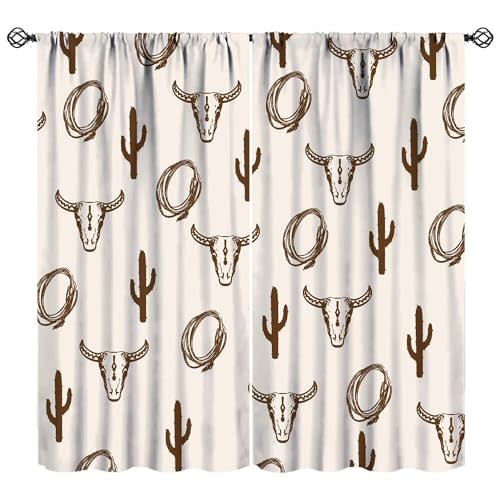 JADERYS Western Bull Skull Curtains Bohemian Brown Cactus Longhorn Cow Skull Country Farmhouse Bedroom Kitchen Living Room Rod Pocket Decoration Window Drapes 2 Panels W21xL45in