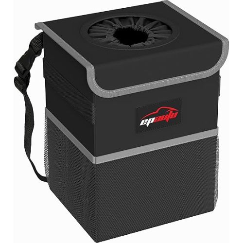 EPAuto Waterproof Car Trash Can with Lid and Storage Pockets, 2.5 Gallon, Black