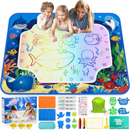 Water Doodle Mat for Kids 32x40 Inch, Mess Free Coloring Mat Educational Toy for 3 4 5 6 7 8 Years Old Girls & Boys, Neon Color Mat Doodle Board Writing Drawing Toys Holiday Christmas Birthday Gifts