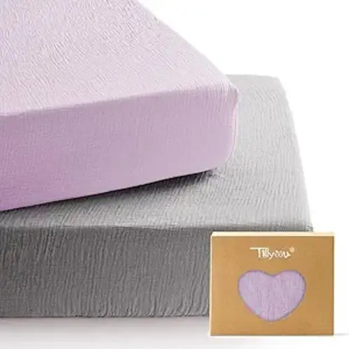 TILLYOU 2 Pack Muslin Crib Sheets for Boys and Girls, 100% Cotton Fitted Crib Sheet for Toddler 52x28 Standard Crib Mattress, Grey and Purple
