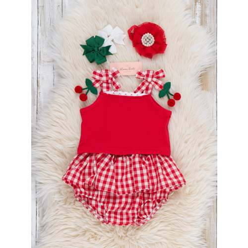 Sweet Cherry Check Cotton Ruffle Bloomers Outfit