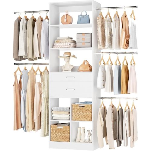 Besiost Small Closet System, 3.2-6.8FT Small Closet Organizer with 2 Wooden Drawers & 5 Hanging Rods, Can Fit 37.5 to 81.9 inch Walk-in Closet System, Built-in, White, Enclosed Storage Volume 2.32 ft³