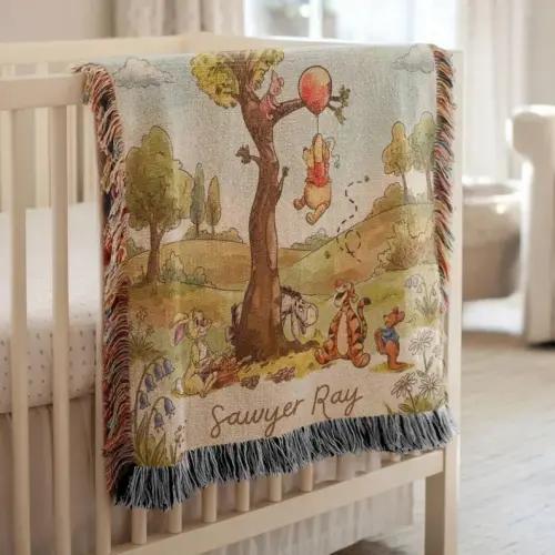 Classic Pooh Nursery Blanket, Personalized Baby Name Woven Blanket, Vintage Storybook Nursery Decor, Heirloom Baby Gift