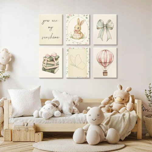 Ophelia & Co. Vintage Nursery Wall Art Baby Girl Room Canvas Wall Decor Pink Flower Bunny Pictures Nursery Bow Art Prints Girl Butterfly Poster Vintage Floral Artwork For Children Bedroom 8X10x6 Inch Ready To Hang | Wayfair