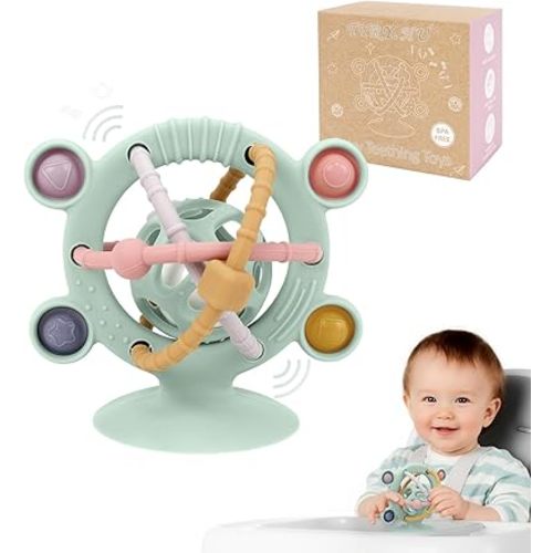 TYRY.HU Silicone Baby Teething Toys for Babies 0-6 6-12 Months, Multi Purpose High Chair Toys, Baby Suction Table Toys, Teething Relief Chew Toy, Sensory Rattle Toy with Textures for Infants, Green