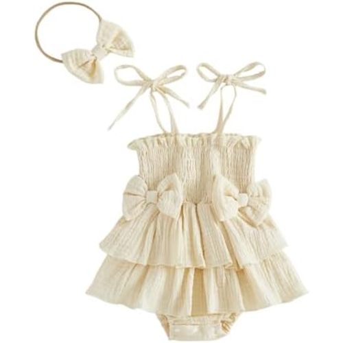 VISGOGO Smocked Baby Girl Clothes Newborn Girl Bubble Romper Sleeveless Jumpsuit Headband Outfit Cute Infant Clothing