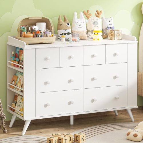 Kids Dresser Cabinet with 8 Drawers & Open Shelving, Changing Table for Nursery, Baby Dresser, White