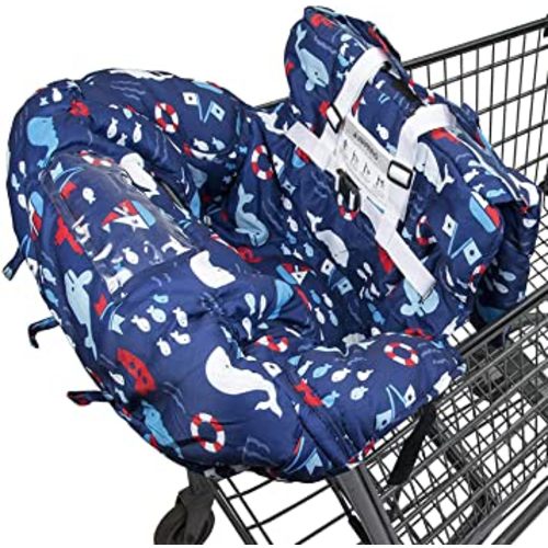 Shopping Cart Cover for Baby- 2-in-1 - Foldable Portable Seat with Bag for Infant to Toddler - Compatible with Grocery Cart Seat and High Chair (Blue Whale)